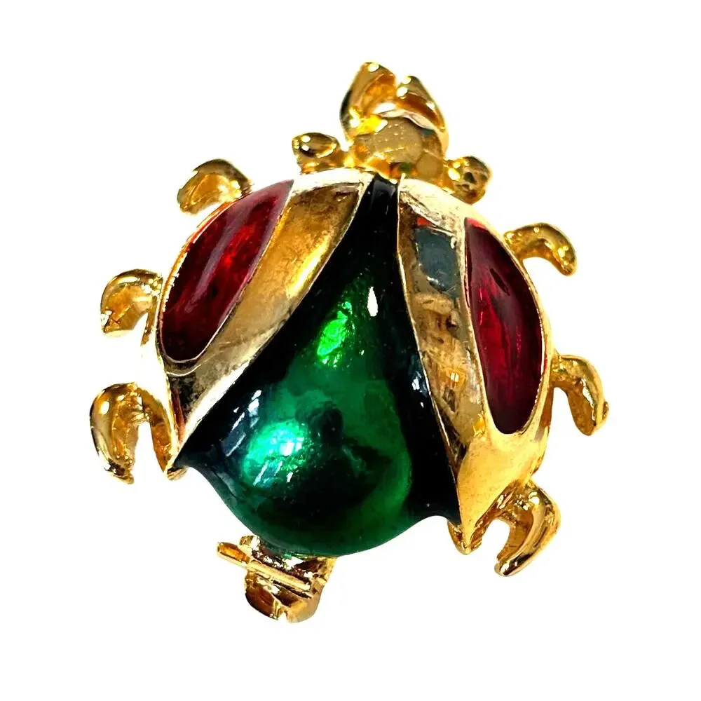 Vintage bug beetle insect brooch gold with red & green enamel finishes fun lapel